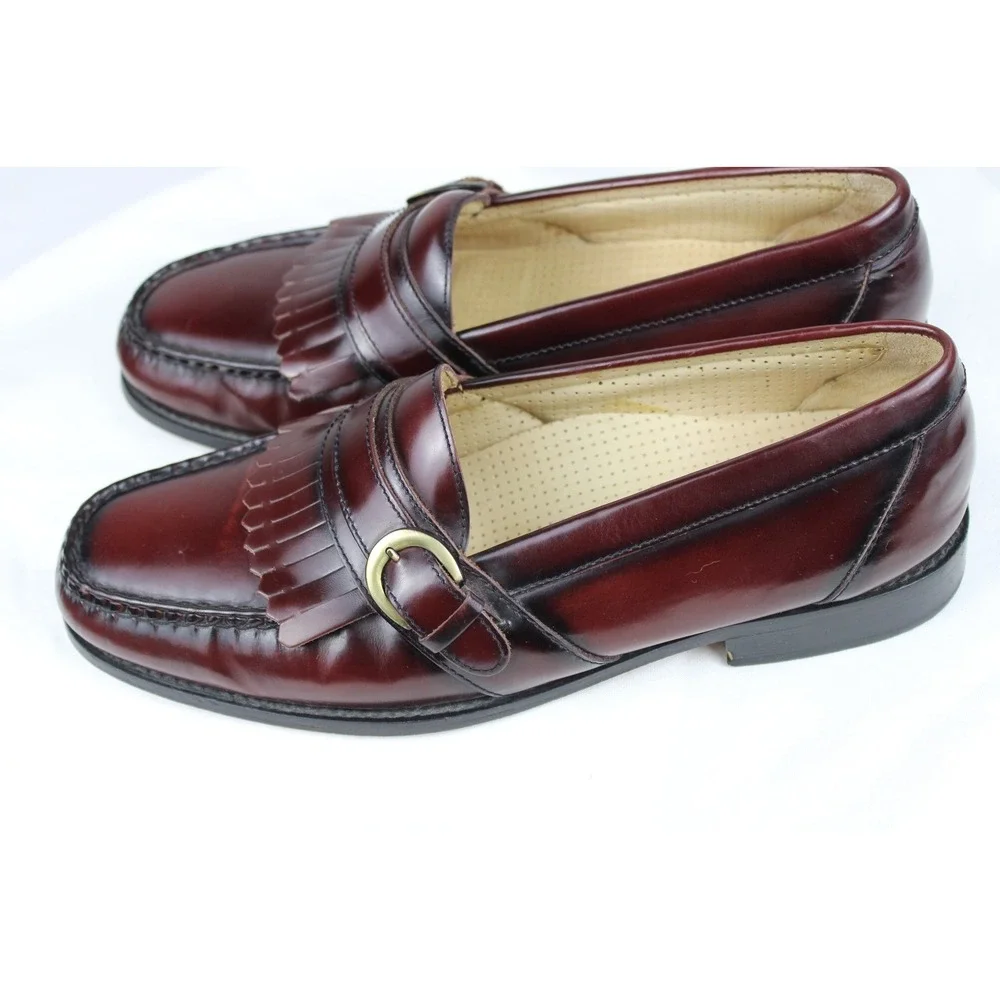 Bass Mens Burgundy Leather Kiltie Loafers Buckle Fringe SlipOn Dress Shoes 11.5M